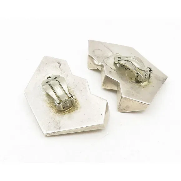 MEXICO 925 Sterling Silver Vintage Shiny Modernist Non Pierce Earrings EG5848